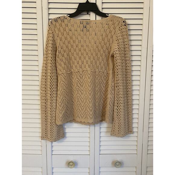 Express Open Knit Sweater Long Bell Sleeves Babydoll Boho Tan Western Size M - Picture 6 of 6